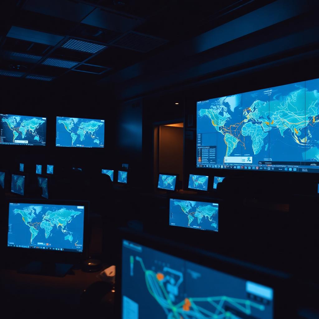 Torre de controle logístico com operadores monitorando rotas em tempo real