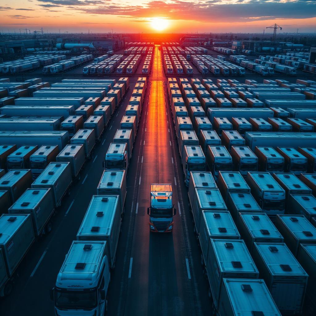 Vista aérea de frota de caminhões em centro de distribuição ao amanhecer