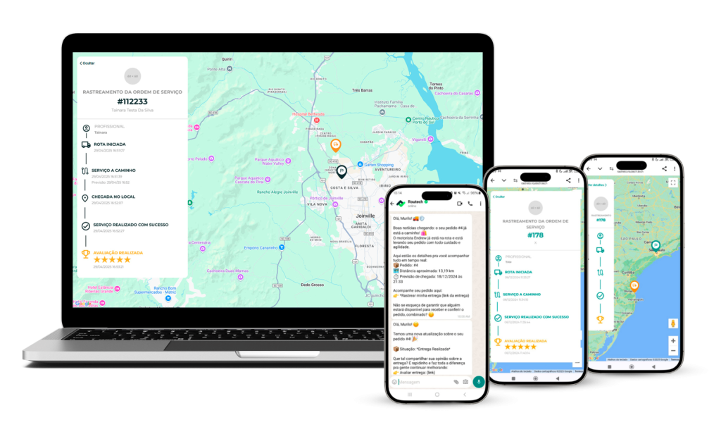 Notificação ao cliente exibida em notebook e celulares